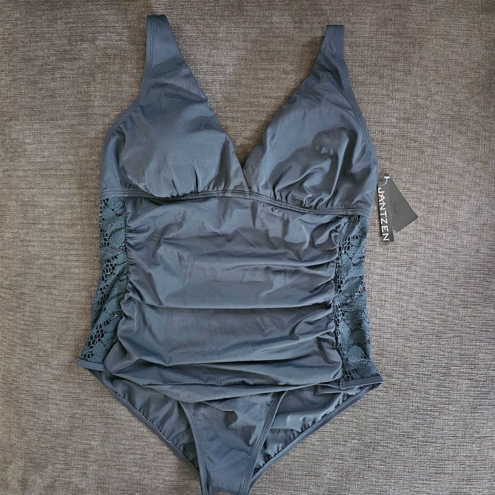 Nwt Jantzen Women's Grey Crochet Detailed Siding V-neck 1-piece Swimsuit Size 16